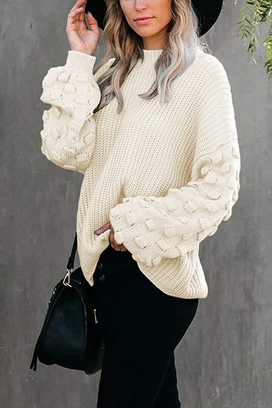 Женский вязаный пуловер с рукавами-фонариками и круглым вырезом