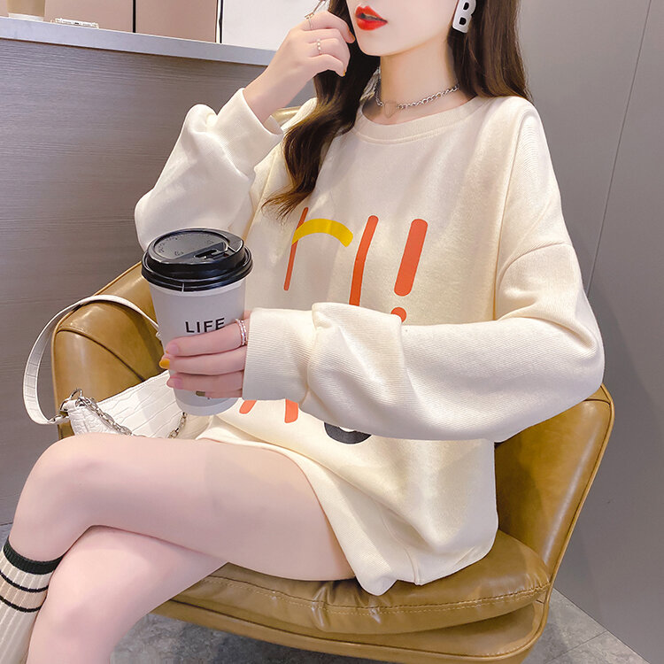 Jesień nowy koreański styl luźne Plus-size O Neck drukowany napis cienkie bluzy z długim rękawem Casual bluzy typu Oversized 260A