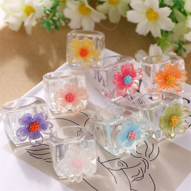 Transparent Resin Acrylic Geometric Square Ring Colorful Cartoon Love Flower for Women Girls Jewelry Gifts IFMIA 2021
