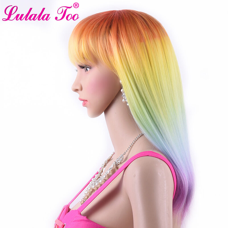 Lulalatoo Synthetic Wig With Bangs Straight Omber Rainbow Color Hair Wigs Heat Resistant Fiber Cosplay Wigs