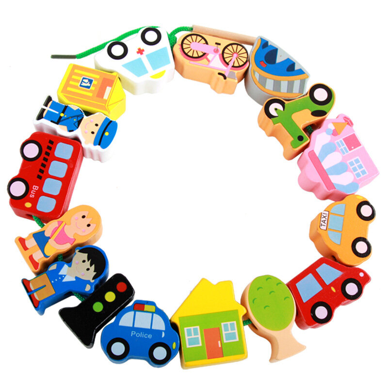 Perline di legno in rilievo giocattolo animali del fumetto frutta traffico Montessori giocattoli di infilatura in legno sviluppa intelligenza gioco di Puzzle 3D per bambini