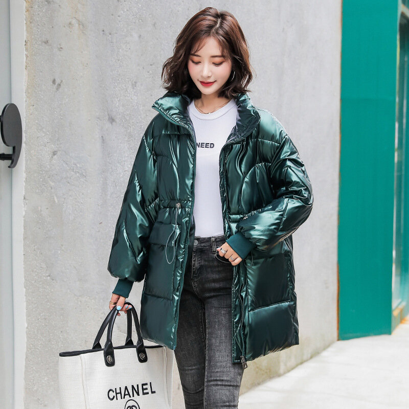 Блестящий пуховик для женщин, новинка 2021, зимняя одежда, модное пальто средней длины в Корейском стиле с хлопковой подкладкой