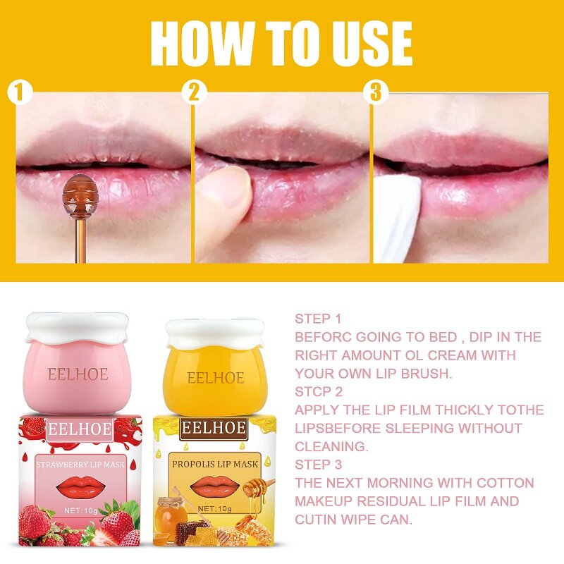 Propolis Moisturizing Lip Mask Gloss Sleep Lip Balm Nourishing Anti-Wrinkle Anti-Cracking Unisex ลิปสติก Plumper Lip care + แปรง
