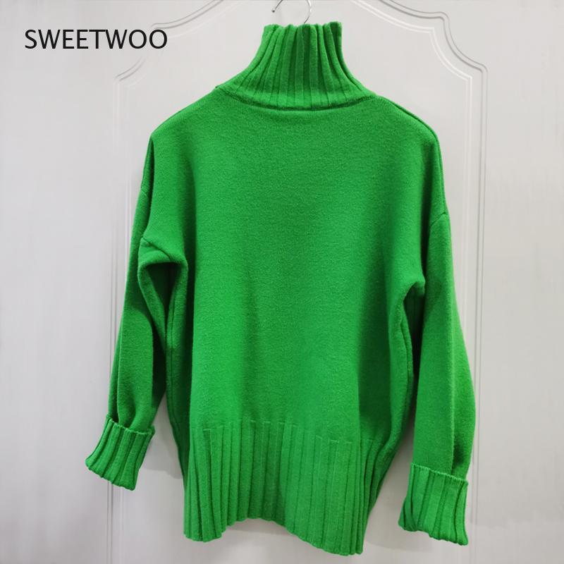 Suéter de cuello alto verde para mujer, Jersey de punto de alta calidad, suéter blanco suave, otoño e invierno, 2021