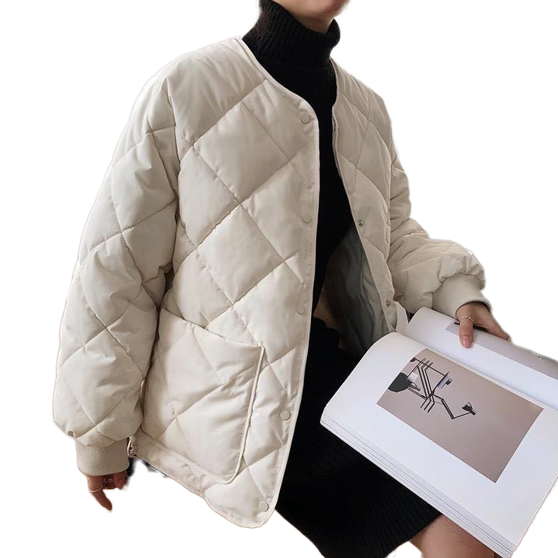 캐주얼 세련된 두꺼운 따뜻한 느슨한 아가일 여성 다운 코트 재킷 2021 겨울 긴 소매 싱글 브래지어 여성 파카