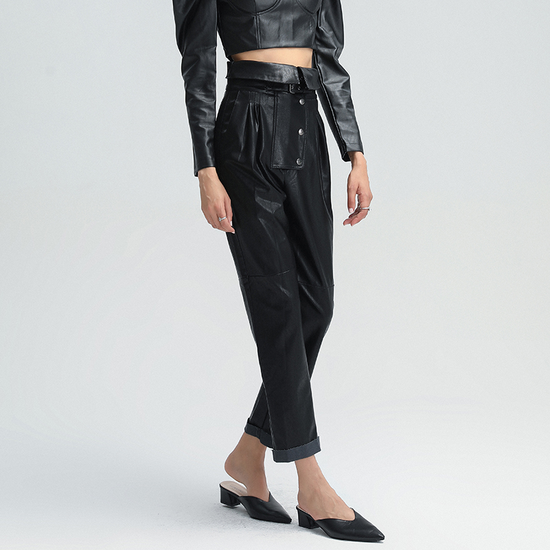 TWOTWINSTYLE Harem spodnie dla kobiet wysokiej talii Patchwork Pu luźna odzież uliczna pełnej długości czarne spodnie kobiet 2020 nowa odzież