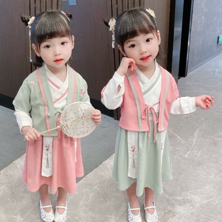 Hanfu de estilo chino para niños, traje de dos piezas, vestido chino para niñas medianas y pequeñas, novedad de Primavera de 2021