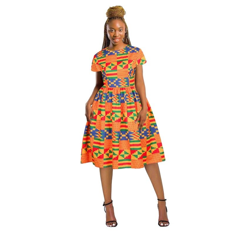 Moda africano vestido plus size para as mulheres impresso manga curta swing feminino áfrica vestido amarelo áfrica mulher roupas 2020