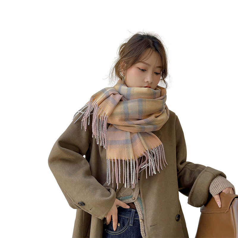 겨울 따뜻한 롱 캐시미어 스카프 여성 그라디언트 라인 격자 무늬 두꺼운 스카프 목도리