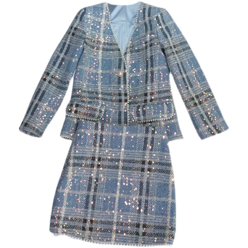 Conjunto de duas peças de casaco estilo coreano, elegante, com decote em v, pérola, xadrez, tweed, casaco + saia de cintura alta e linha a