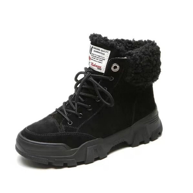 Botas de neve feminina bege pelúcia quente pele causal botas sapatos tênis tornozelo botas plataforma sola grossa rendas até sapatos de inverno