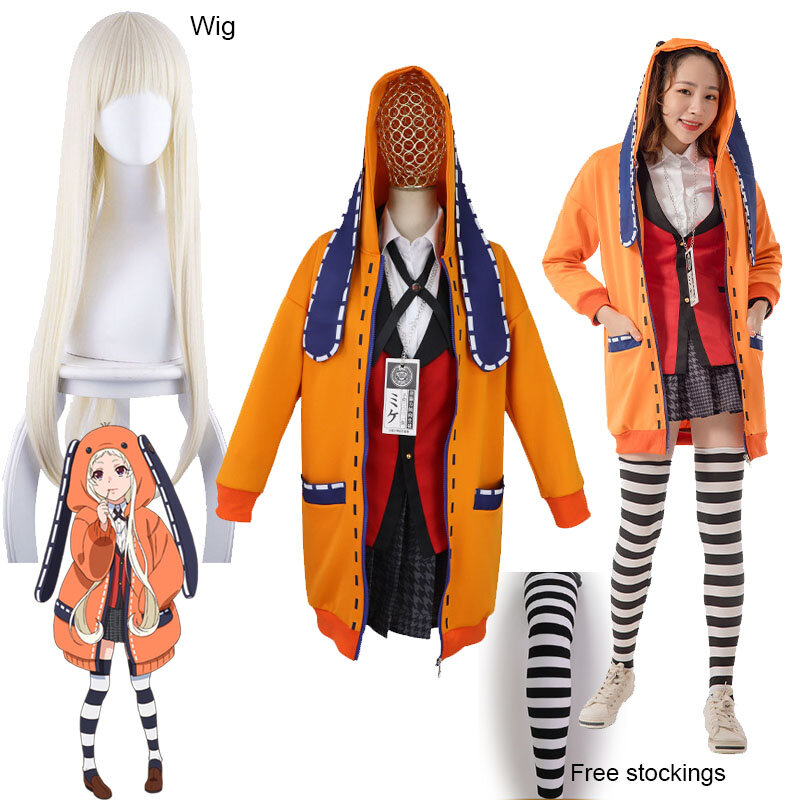 Disfraz de Yomoduki Runa, Kakegurui, compulsivo, peluca de Runa, chaqueta naranja con capucha, uniformes JK con pelucas
