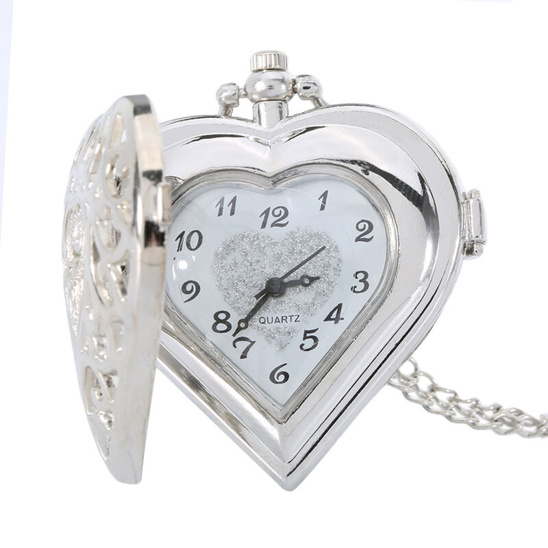 Hollow Quartz Heart Shaped Pocket Watch Necklace Pendant Chain Clock Women Gift SWD889