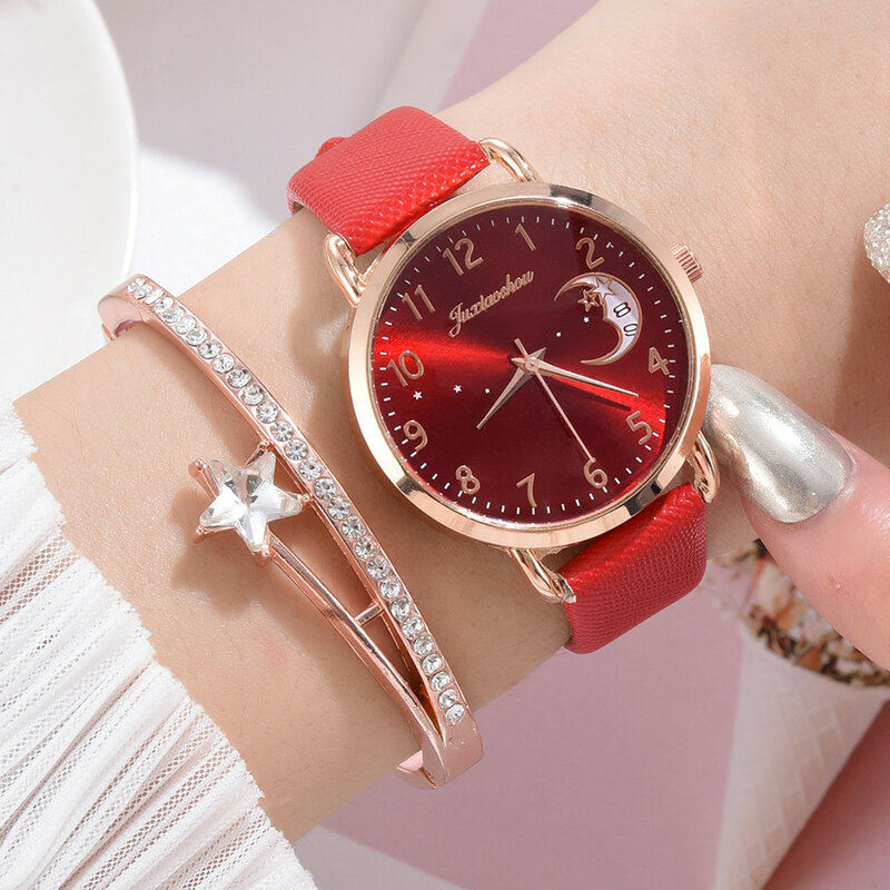 Комплект кварцевых часов, новинка, модные женские часы с кожаным ремешком и браслетом из нержавеющей стали