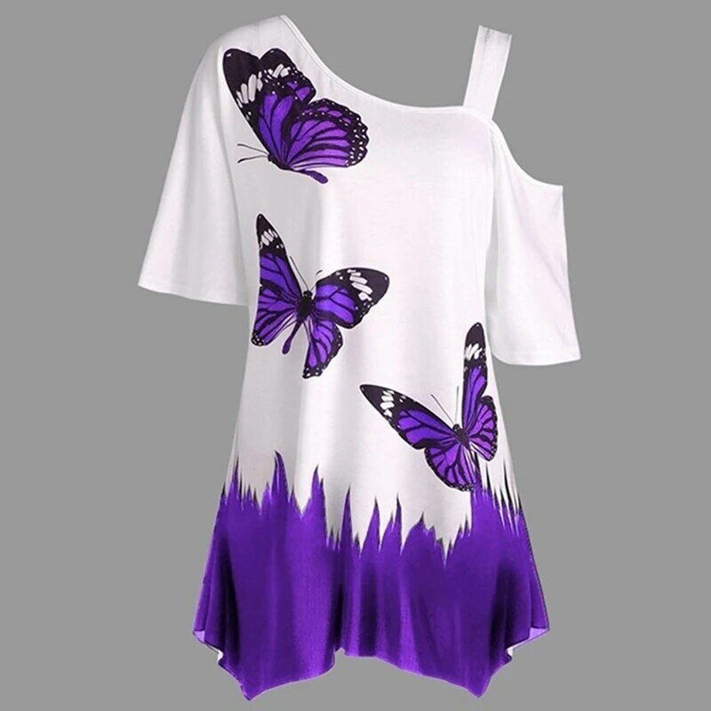 패션 여름 블라우스 여성 버터 플라이 프린트 캐주얼 원 숄더 불규칙한 여성 플러스 사이즈 루즈 블라우스 셔츠 blusas femininas