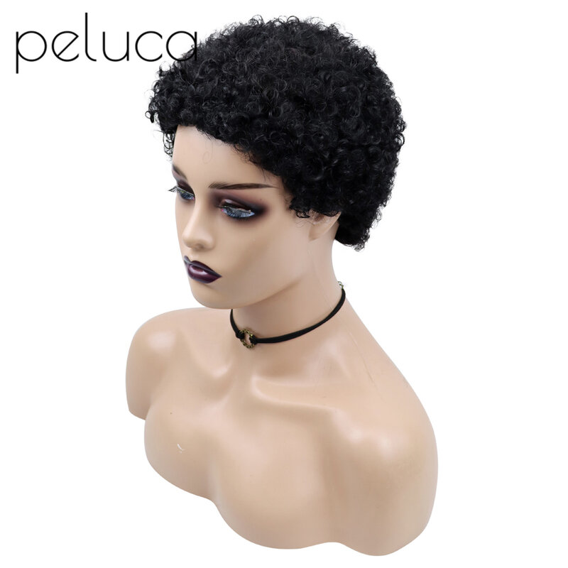 Peluca de cabello humano brasileño Remy, pelo corto rizado Natural sin pegamento, corte Pixie, ombré, hecho a máquina