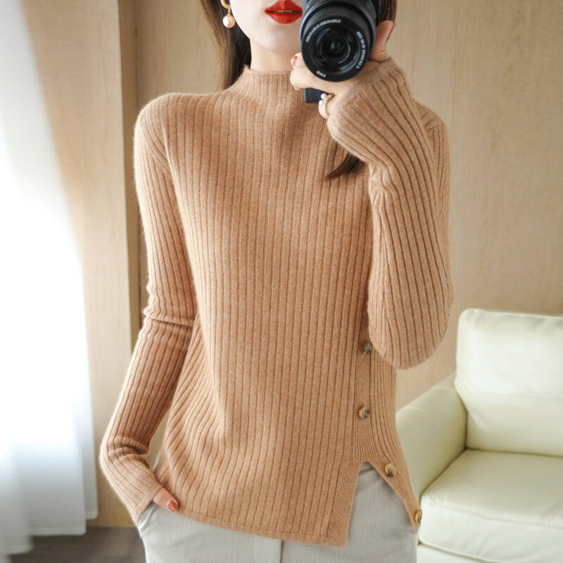 Novo outono e inverno pulôver feminino de manga comprida base camisola alta-pescoço split para o calor moda all-match magro botões quentes