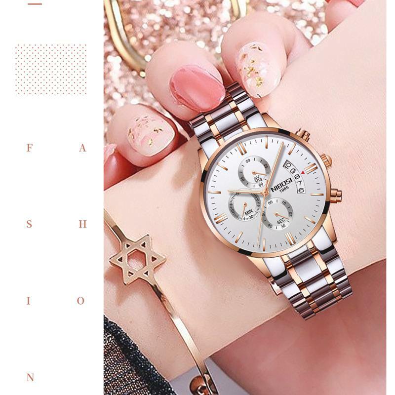 Nibosi relógio de pulso feminino luxuoso, da moda para mulheres, de quartzo, negócios, 2020