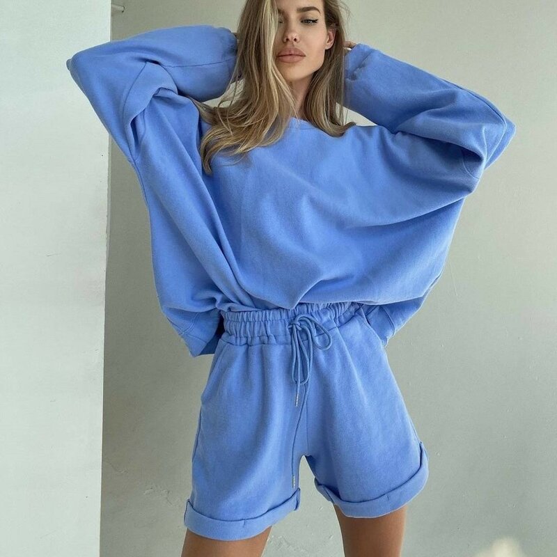 Casual Fashion Solid O-Neck Pullovers Long Sleeve Hoodies and Loose Elastic Waist Short Pants Women Autumn 2-piece Short Sets