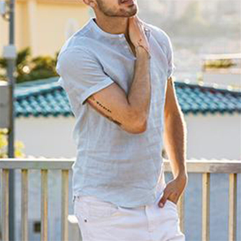Мужская Повседневная рубашка из хлопка и льна, рубашка с короткими рукавами и воротником на пуговицах, лето 2021