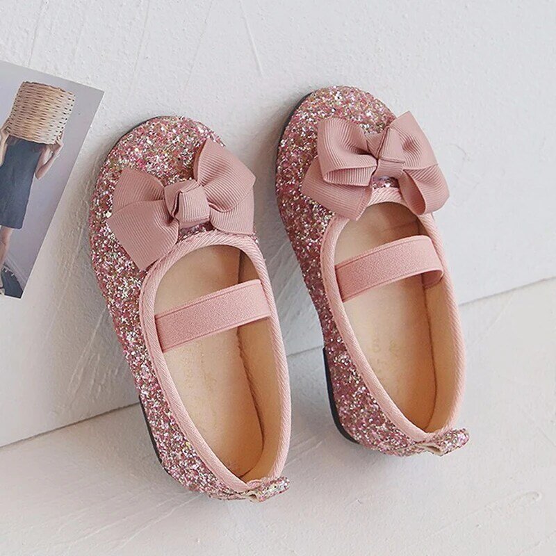 Zapatos de princesa ostentosos para niñas, zapatos planos de moño brillante, poco profundos, zapato único para bebé, K226