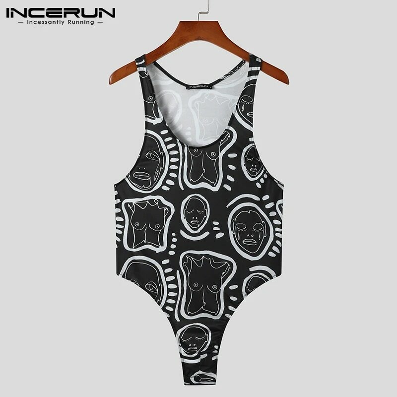 Fashionable Loungewear Men Printing Casual Onesies Sleeveless All-match Simple Jumpsuit Stylish Triangle Bodysuits S-5XL INCERUN