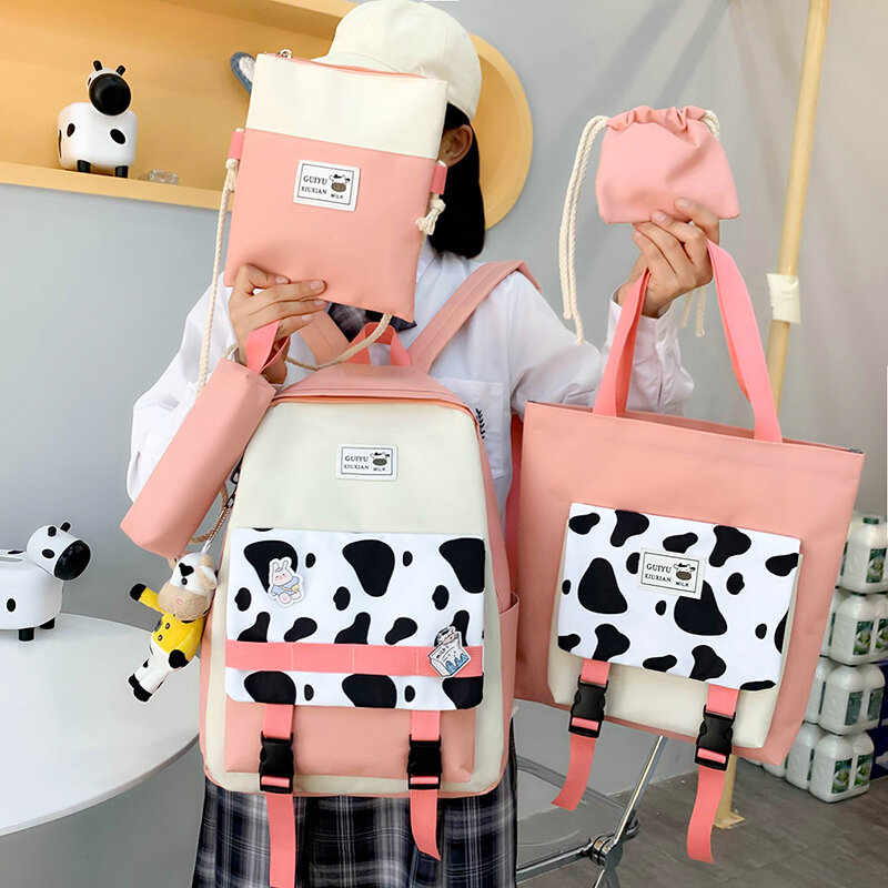 2021 novo leite vaca impressão sacos de escola das mulheres à prova dwaterproof água náilon mochila feminina grande capacidade bolsa viagem sacos da menina coreana