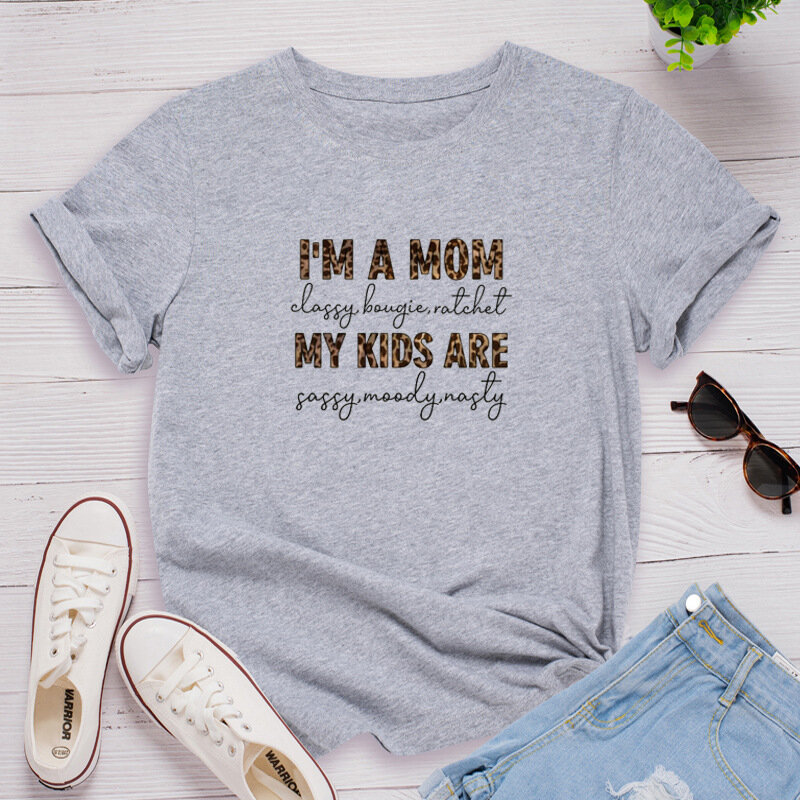 I'm A Mom Leopard Letter Print Women T Shirt Short Sleeve O Neck Loose Women Tshirt Ladies Tee Shirt Tops Camisetas Mujer