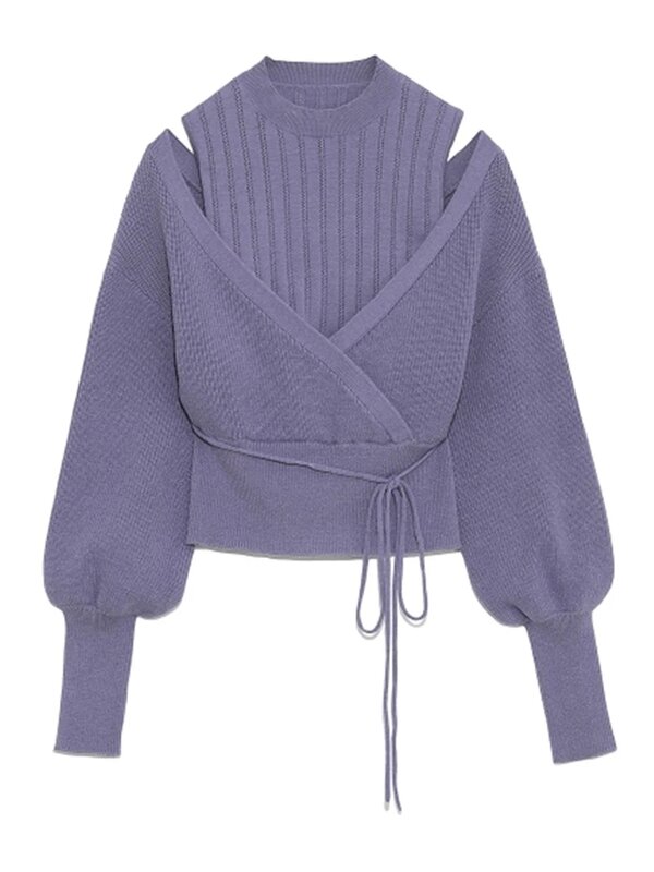 Женский трикотажный свитер на завязках, однотонный Свободный пуловер без бретелек с открытыми плечами, весна-осень