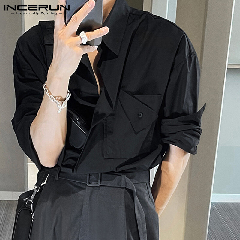 Inceru topos 2021 moda casual estilo novo bem encaixe blusa masculina sólida personalidade bolso duas cores camisas de manga comprida S-5XL
