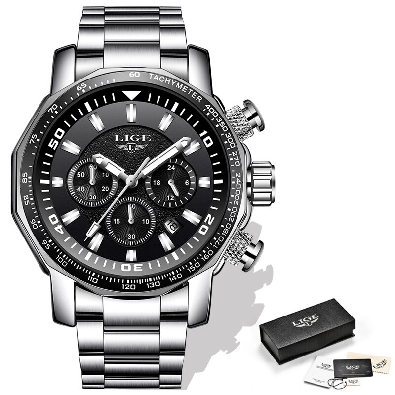 LIGE-relojes de lujo para hombre, de acero completo, deportivo, militar, resistente al agua, de cuarzo, con caja, Masculino