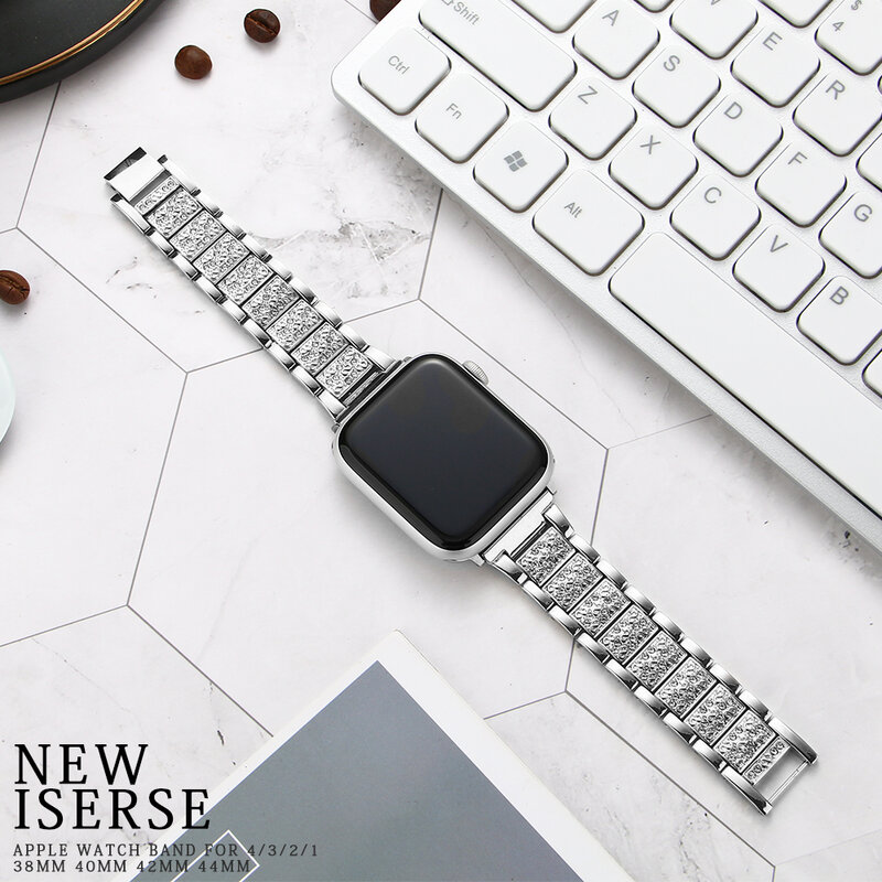 Correa de acero inoxidable para Apple Watch 6 SE, banda de diamante para iWatch Series 5 4 3 2, 40mm, 44mm, 38mm y 42mm