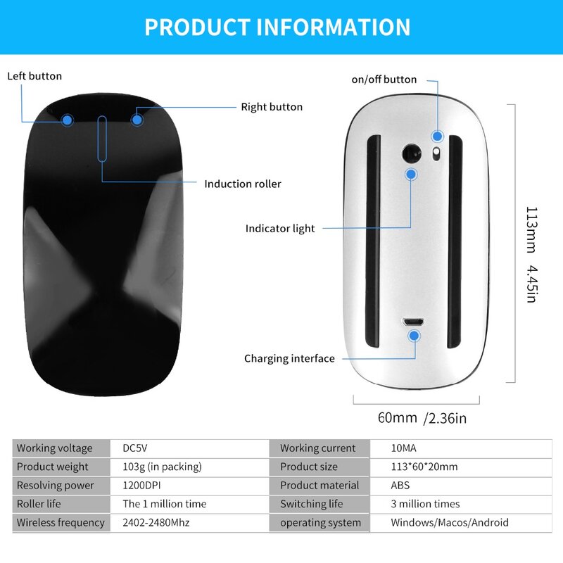 Mouse portatile ultrasottile ricaricabile Touch Magic Wireless Bluetooth 5.0 da viaggio compatibile con PC,MAC,Laptop