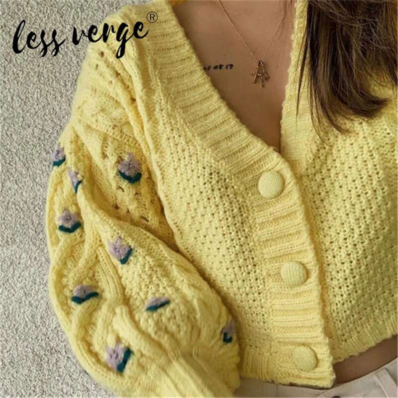 Lessverge-suéter de lana para mujer, cárdigan con botones, cuello en V, recortado, de gran tamaño, estilo Vintage urbano