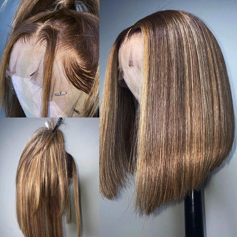 Remy Ombre Dark Brown Blonde Highlight 13x4/6 Lace Part Wig For Black Women With Baby Hair Blunt Cut Short Bob U part Daily Wigs