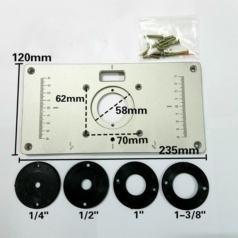 Aluminum Alloy Router Table Insert Plate With 4pcs Router Insert Rings Wood Router Tools For Woodworking Sliver 235*120*8mm