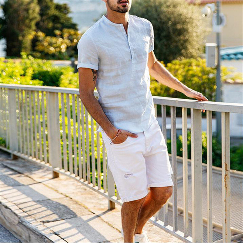 Mens Linen Blouse summer shirts Short Sleeve Baggy Buttons Summer Solid Comfortable Casual Loose Holiday Shirts 2021 Tee Tops