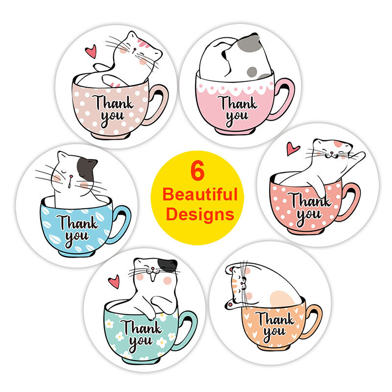 50-500Pcs 1Inch Thank You Cat-Sticker For Kids Round Handmade Christmas Card Box Wrapping Label Sealing Sticker Decor Stationery
