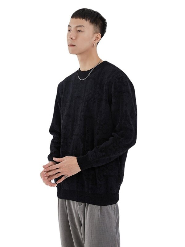 Yizhi 남자의 한국 패션 캐주얼 긴 소매 스웨터 2021 겨울 맞춤 자카드 라운드 넥 스웨터 남자
