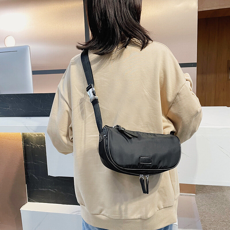 Black Nylon Shoulder Messenger Bag for Women with Zipper High Quality Solid Color Totes Casual Female Luxury Crossbody Bags