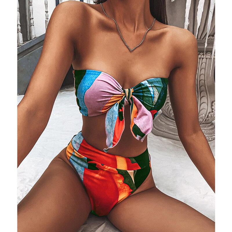Mossha Braziliaanse Hoge Taille Bikini 2021 Bandeau Knoop Badpak Colorblock Print Badmode Vrouwen Sexy Push Badpak Beachwear
