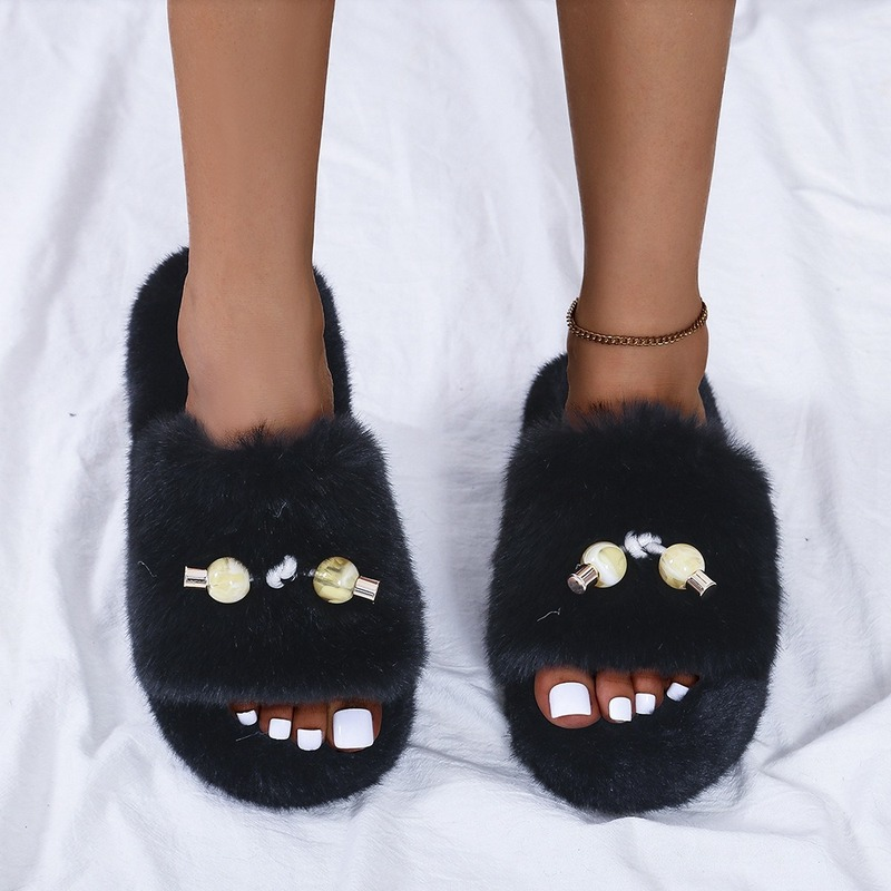 ผู้หญิง Fluffy Plush รองเท้าแตะสีทึบแบนลูกปัด,รองเท้าสบายและบ้านเปิด Toed รองเท้าผู้หญิง2021