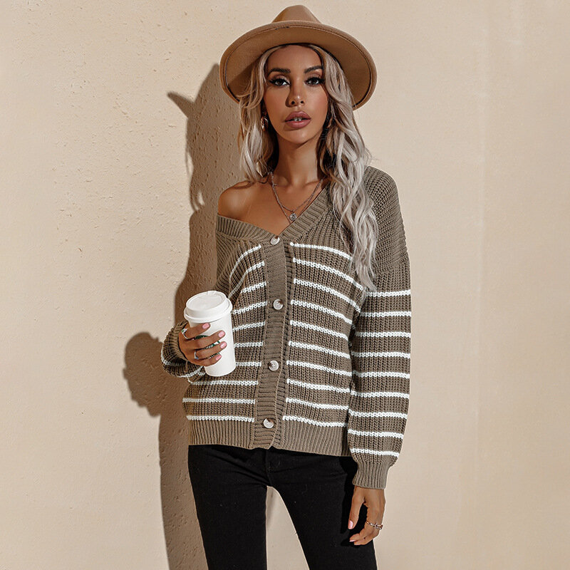 Autumn Winter V-Neck Single-Breasted Ladies Striped Sweaters Tops Long Sleeve Loose Casual Female Knitted Cardigans Coat 2021
