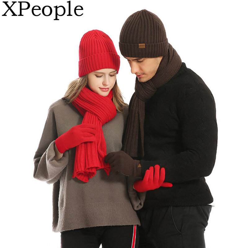 XPeople Inverno Knit Beanie Hat Neck Warmer Cachecol e Luvas Touch Screen Set 3 Peças Com Forro de Lã Crânio Cap para Mulheres Dos Homens