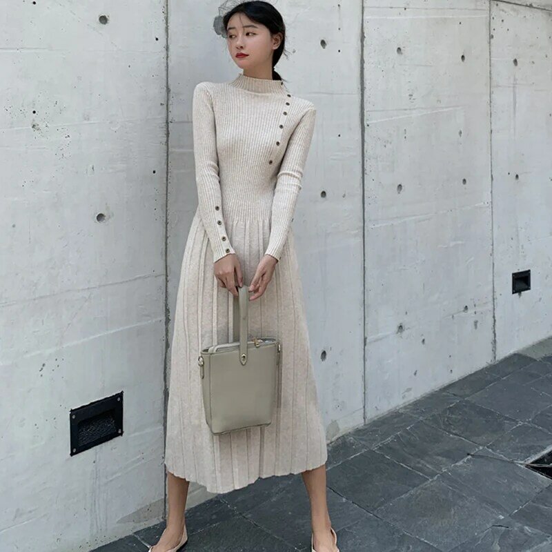 Półgolf damska sukienka z dzianiny koreański 2021 jesienno-zimowa nowa pełna rękaw rozciągnięte sukienki swetrowe dzianinowa linia Vestidos
