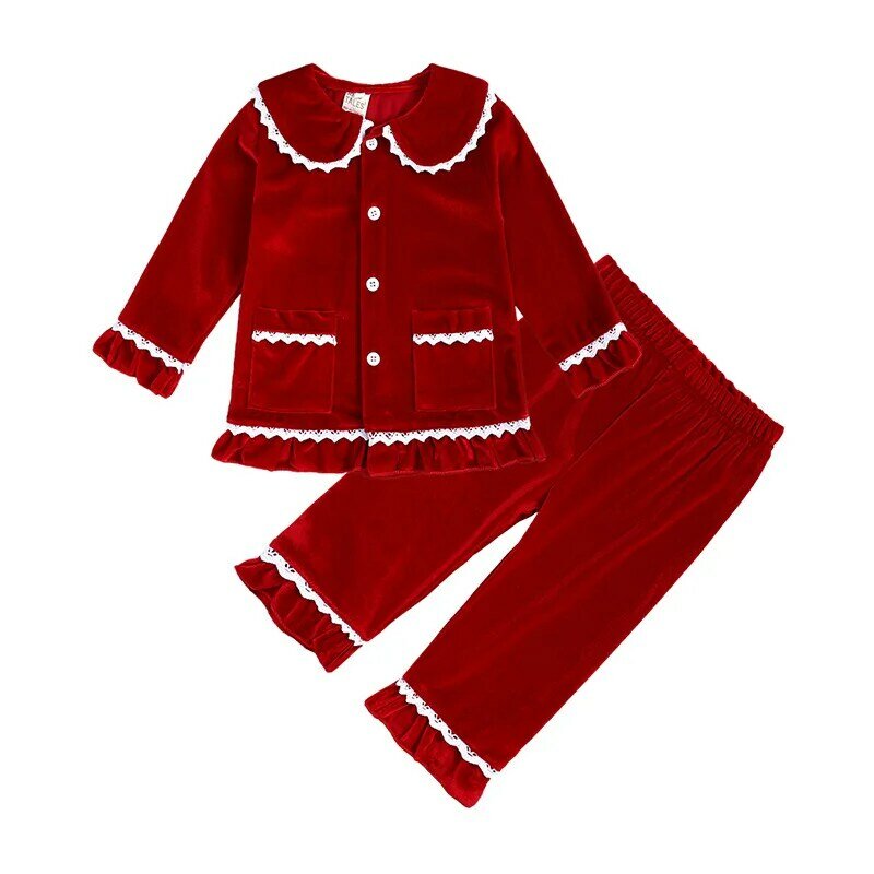Set Pakaian Natal Anak-anak 2021 Pakaian Tidur Ruffle Merah Anak Perempuan Balita Musim Dingin Beludru Padat Lengan Penuh Pakaian Tidur Piyama Anak Laki-laki Lembut