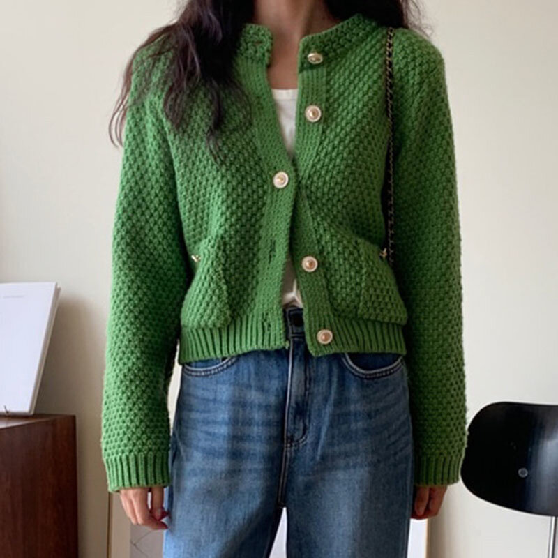Cardigan per donna coreano Chic delicato girocollo Design Chic tasca a manica lunga Cardigan ad ago spesso cappotto maglione lavorato a maglia