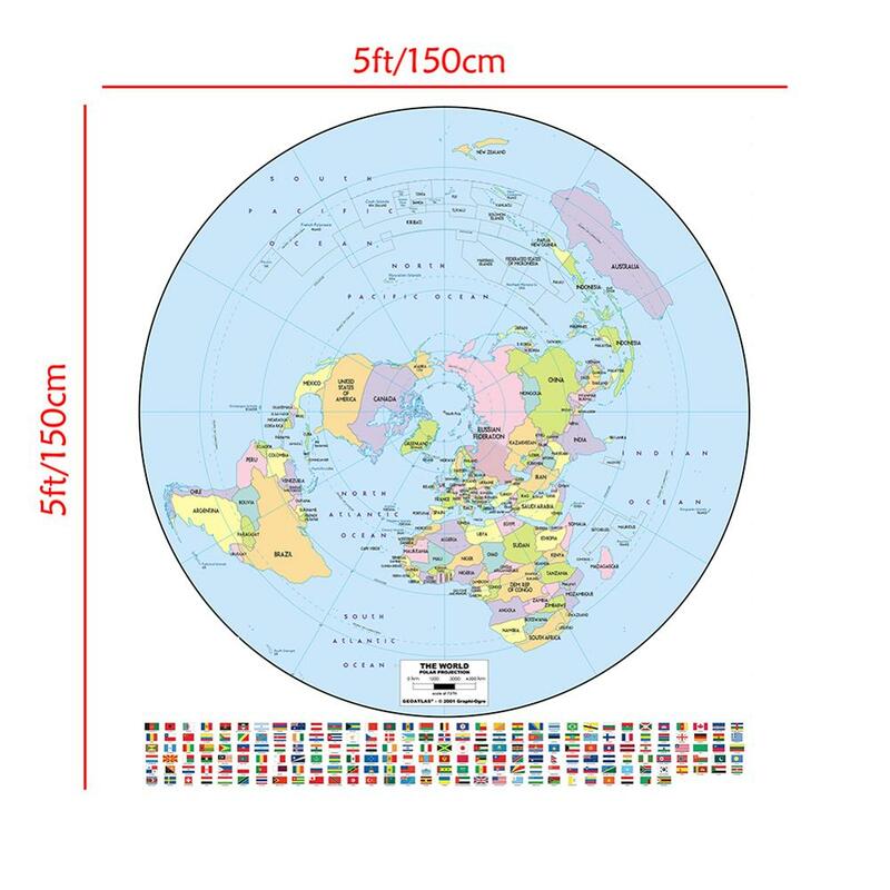 Mapa do mundo com projeção polar, 150x150cm, não-tecido, à prova d'água, mapa do mundo com bandeira nacionais