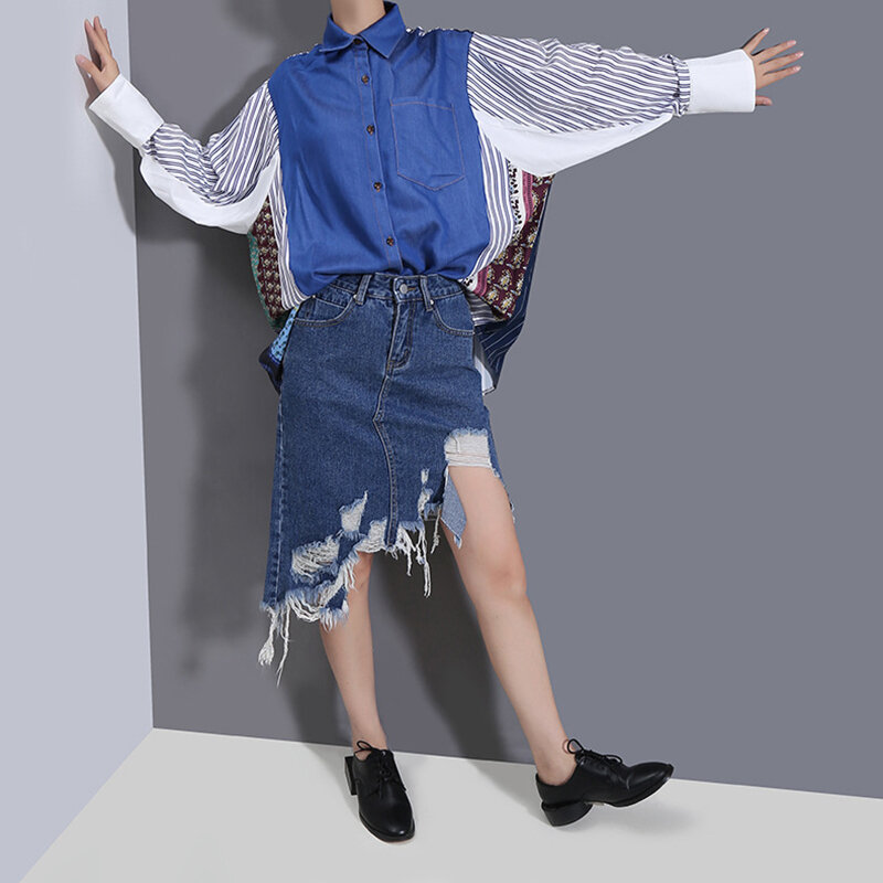 [EAM] 여성 패턴 프린트 빅 사이즈 데님 블라우스, 신제품 라펠 긴팔 루즈 셔츠 패션 타이드 봄 가을 2021 1DD5287