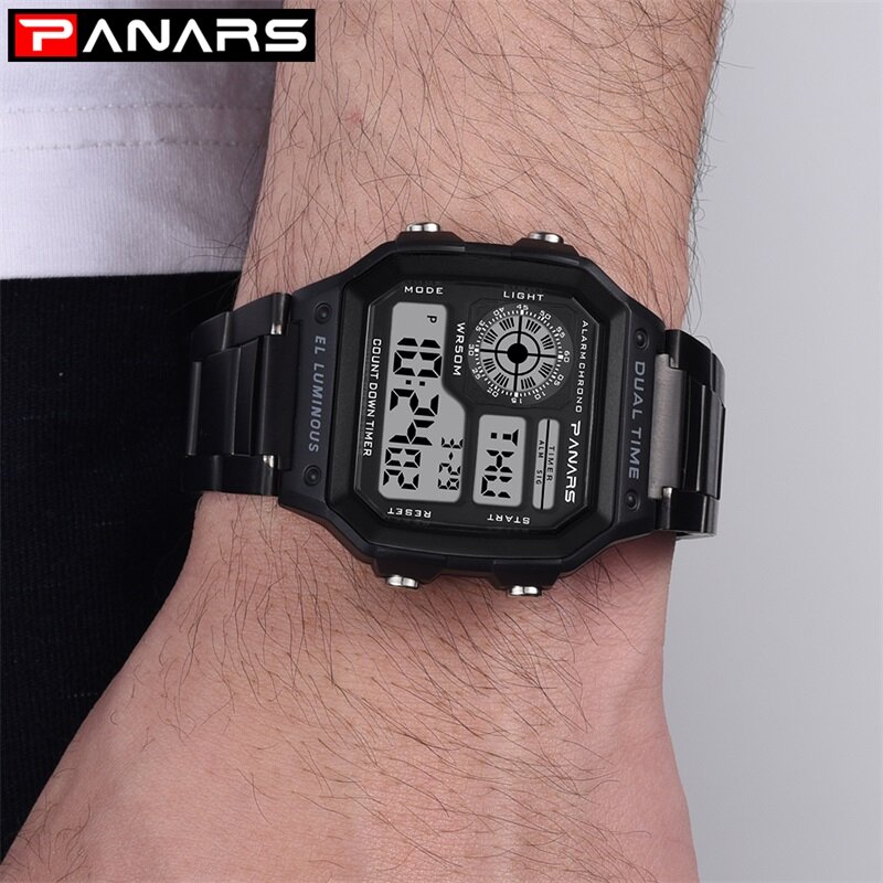 PANARS-reloj Digital de negocios para hombre, cronógrafo de pulsera con correa de acero inoxidable, resistente al agua, 5BAR, regalos, nuevo